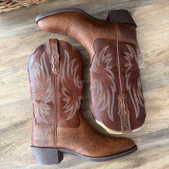 Palitutu Brown Leather Western Cowboy Boots Women’s 7.5 Floral Stitch Pull-On - Picture 2 of 7